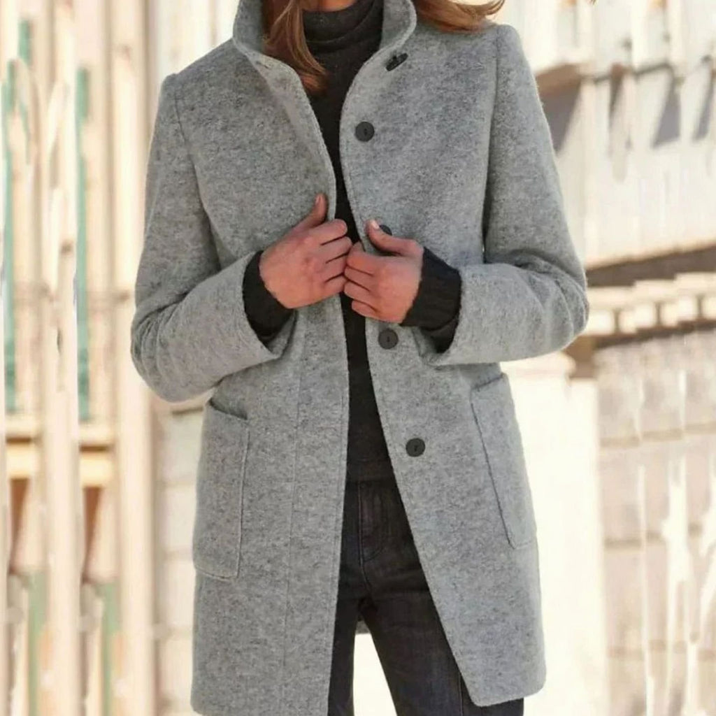 Women's Elegant Winter Coat Stand-Collar Button-Front - Gray