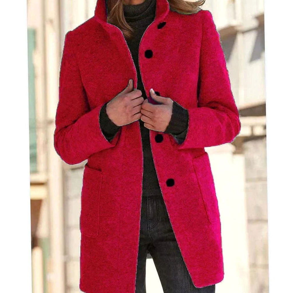 Women's Elegant Winter Coat Stand-Collar Button-Front - Red