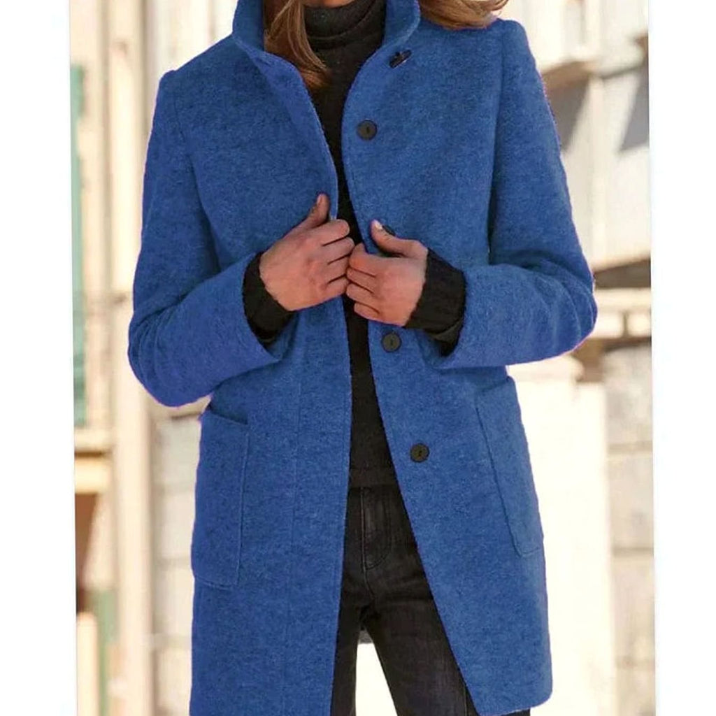 Women's Elegant Winter Coat Stand-Collar Button-Front - Blue