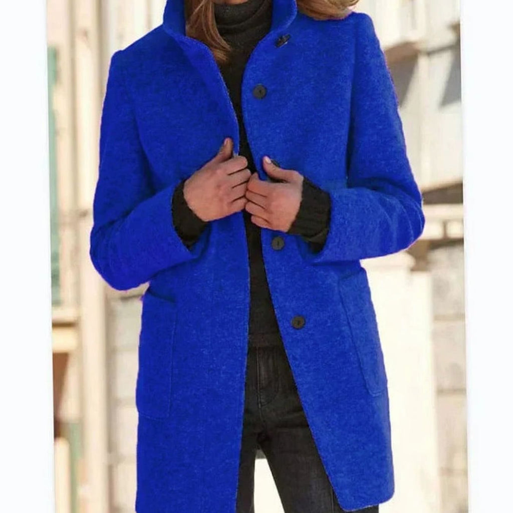 Women's Elegant Winter Coat Stand-Collar Button-Front - Dark Blue