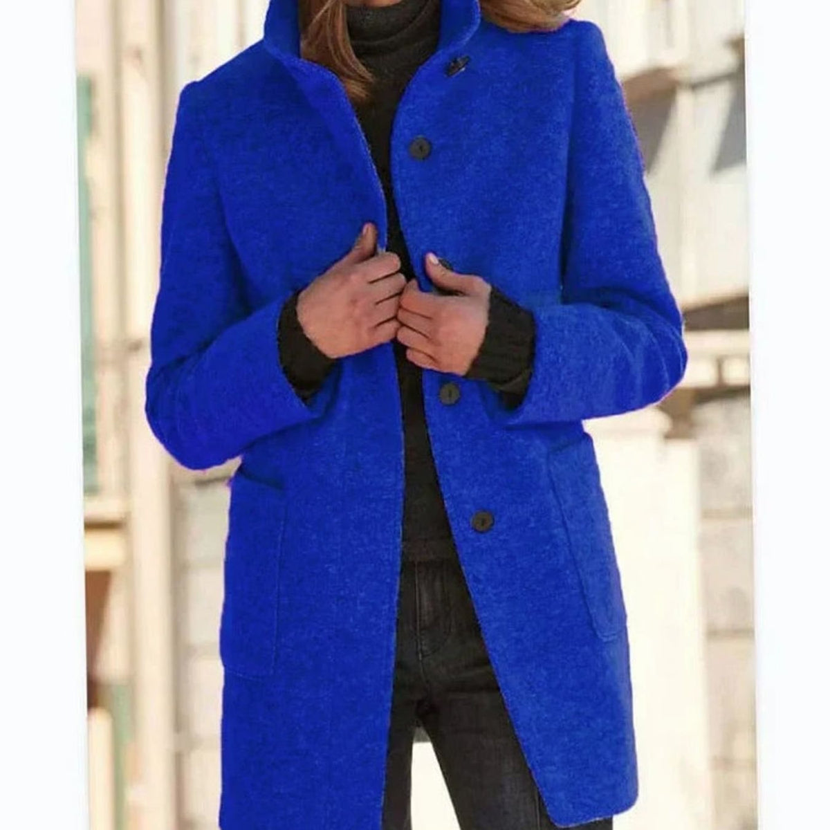 Women's Elegant Winter Coat Stand-Collar Button-Front - Dark Blue