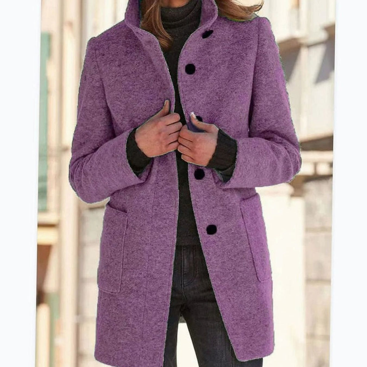 Women's Elegant Winter Coat Stand-Collar Button-Front - Purple
