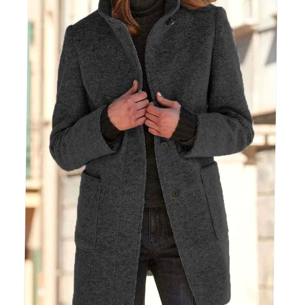 Women's Elegant Winter Coat Stand-Collar Button-Front - Black