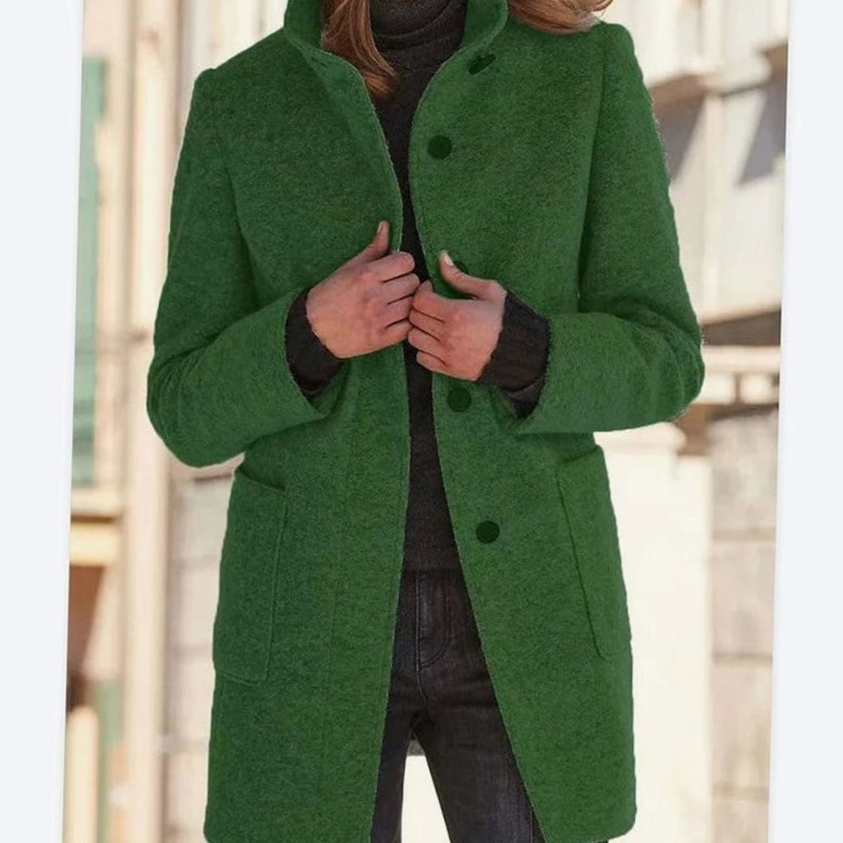 Women's Elegant Winter Coat Stand-Collar Button-Front - Green