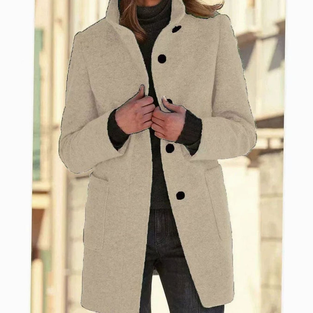 Women's Elegant Winter Coat Stand-Collar Button-Front - Apricot