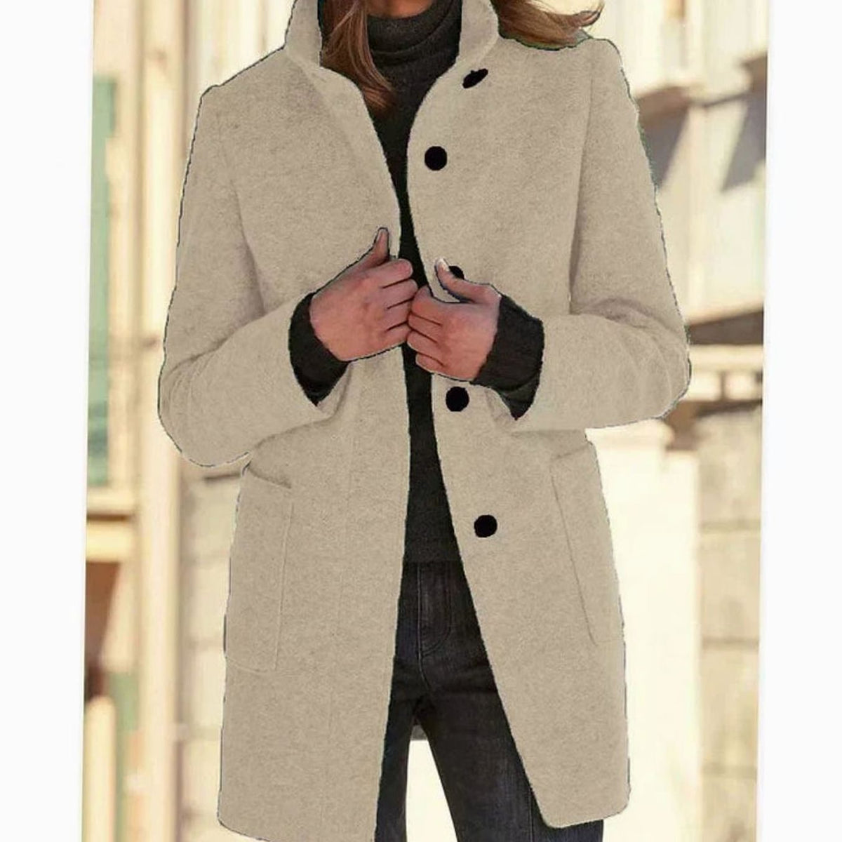 Women's Elegant Winter Coat Stand-Collar Button-Front - Apricot