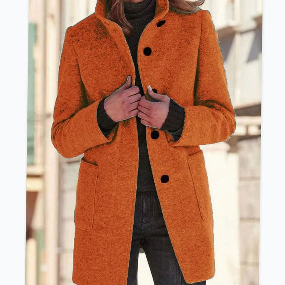 Women's Elegant Winter Coat Stand-Collar Button-Front - Orange