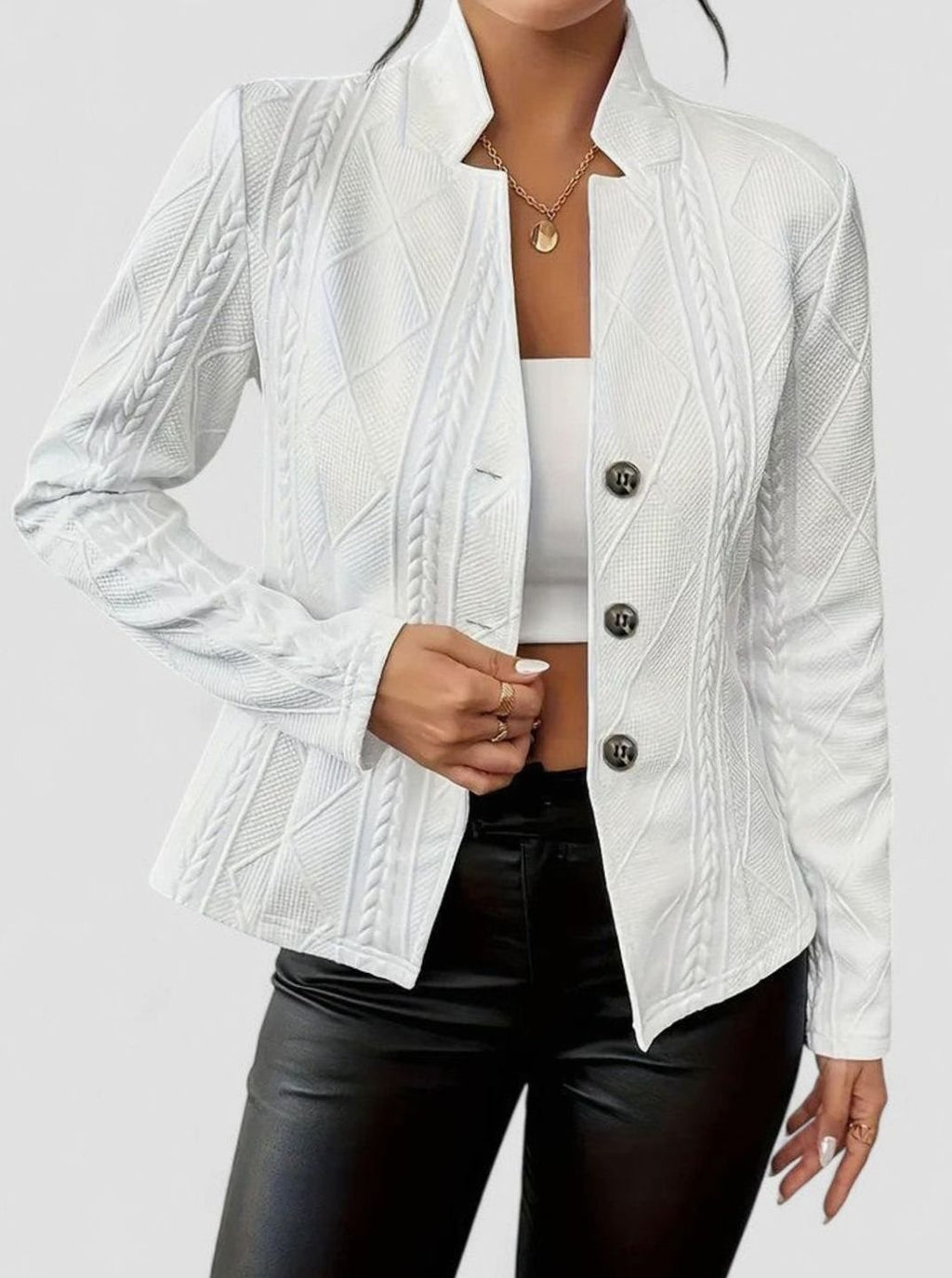 Women's Elegant Winter Coat Structured Cable-Texture Button-Front Jacket - White