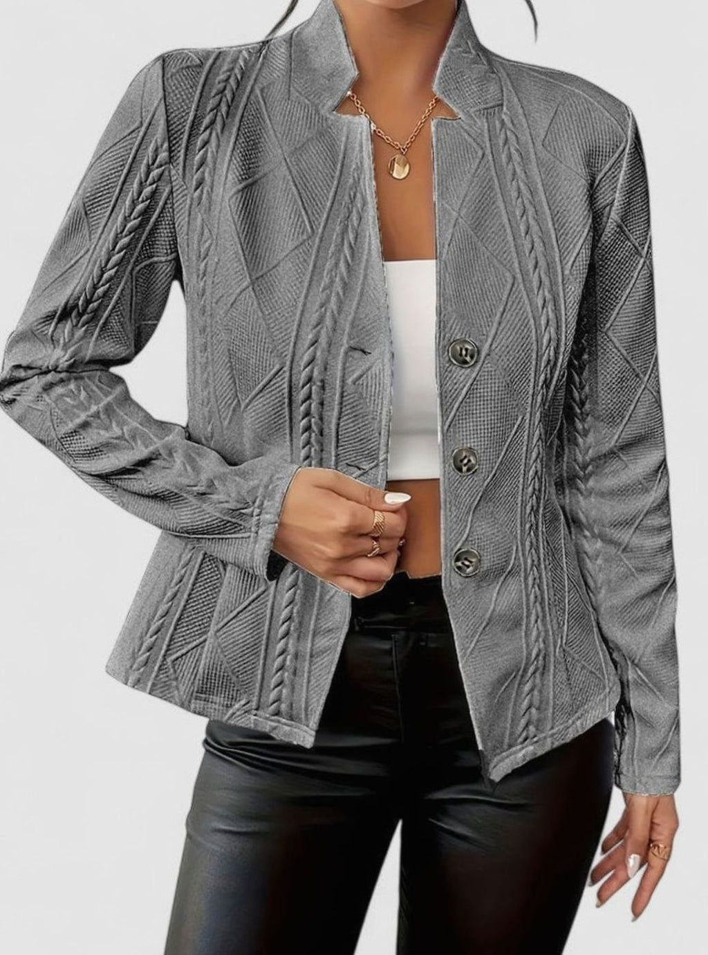 Women's Elegant Winter Coat Structured Cable-Texture Button-Front Jacket - Gray