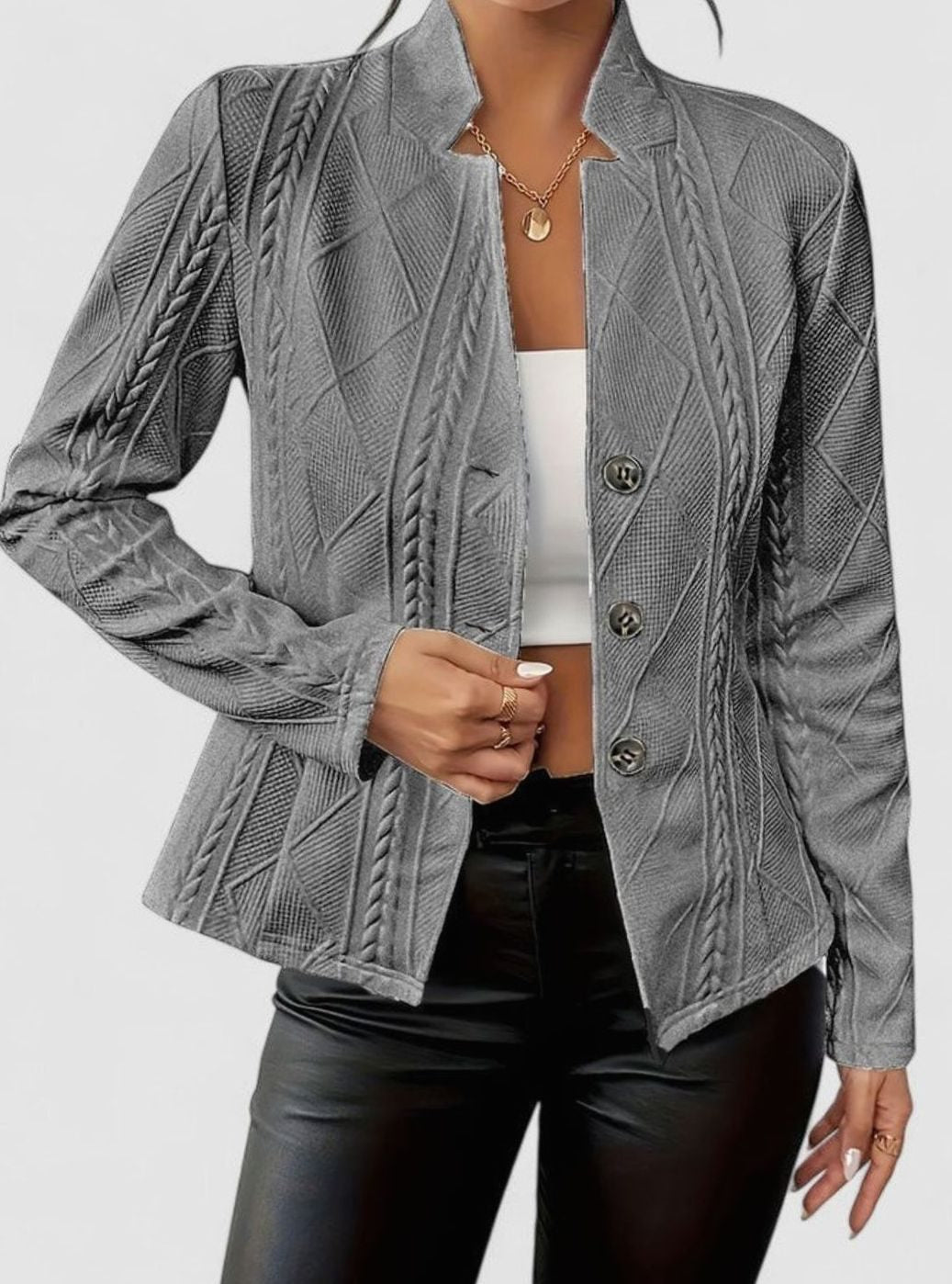 Women's Elegant Winter Coat Structured Cable-Texture Button-Front Jacket - Gray