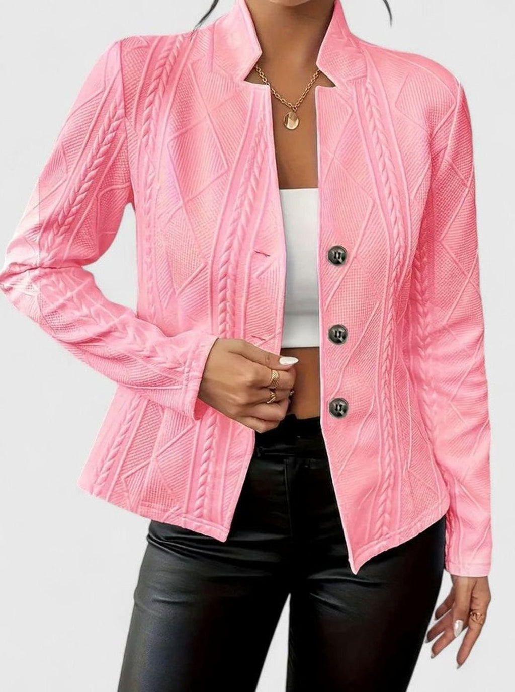 Women's Elegant Winter Coat Structured Cable-Texture Button-Front Jacket - Pink