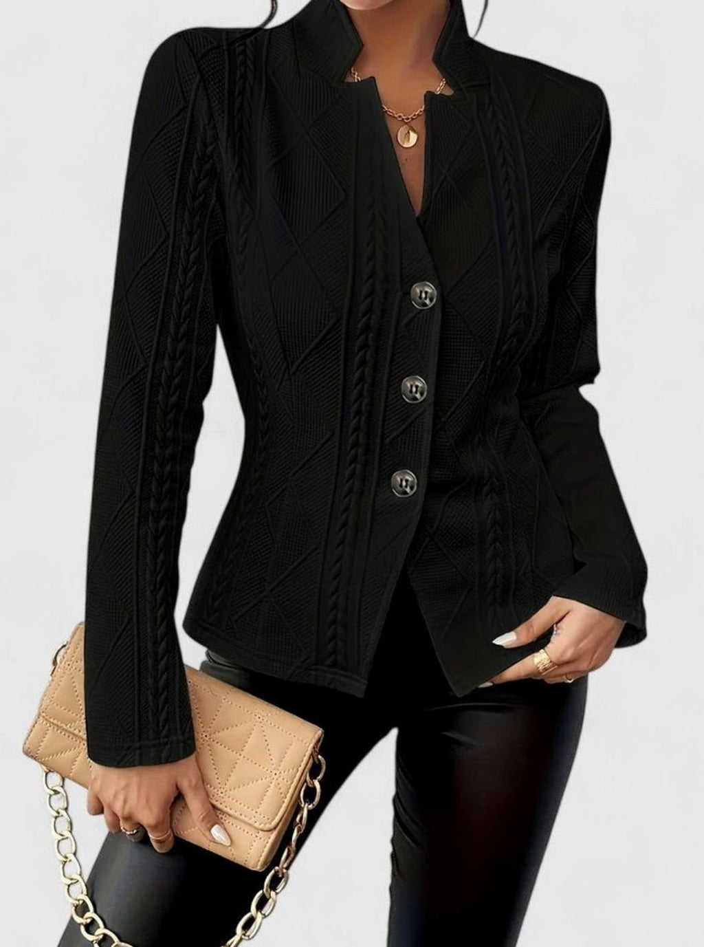 Women's Elegant Winter Coat Structured Cable-Texture Button-Front Jacket - Black