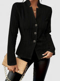 Women's Elegant Winter Coat Structured Cable-Texture Button-Front Jacket - Black