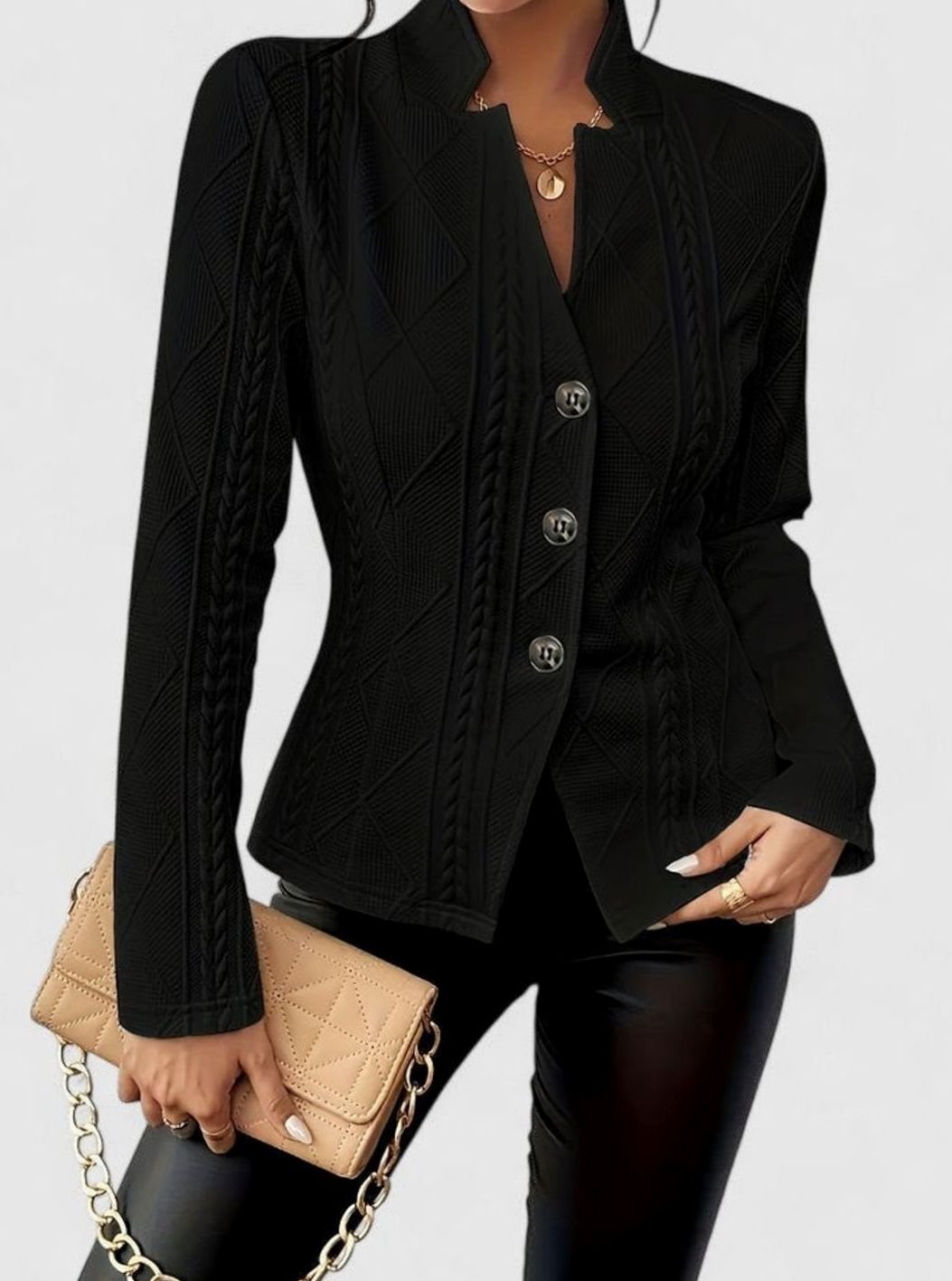 Women's Elegant Winter Coat Structured Cable-Texture Button-Front Jacket - Black