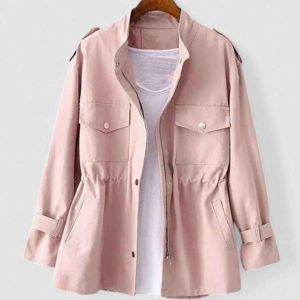 Women's Elegant Zip-Up Utility Jacket Cinched Waist - Pink