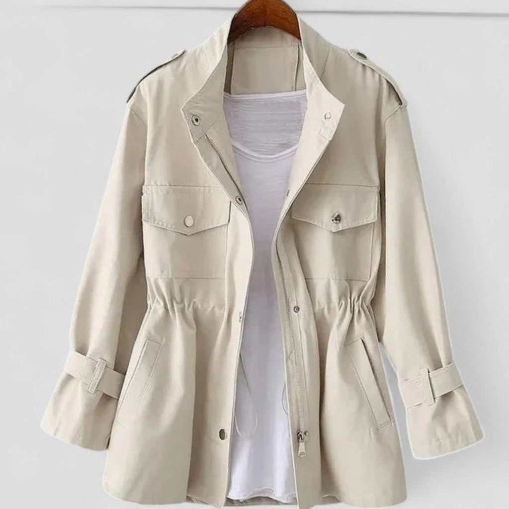 Women's Elegant Zip-Up Utility Jacket Cinched Waist - Cream