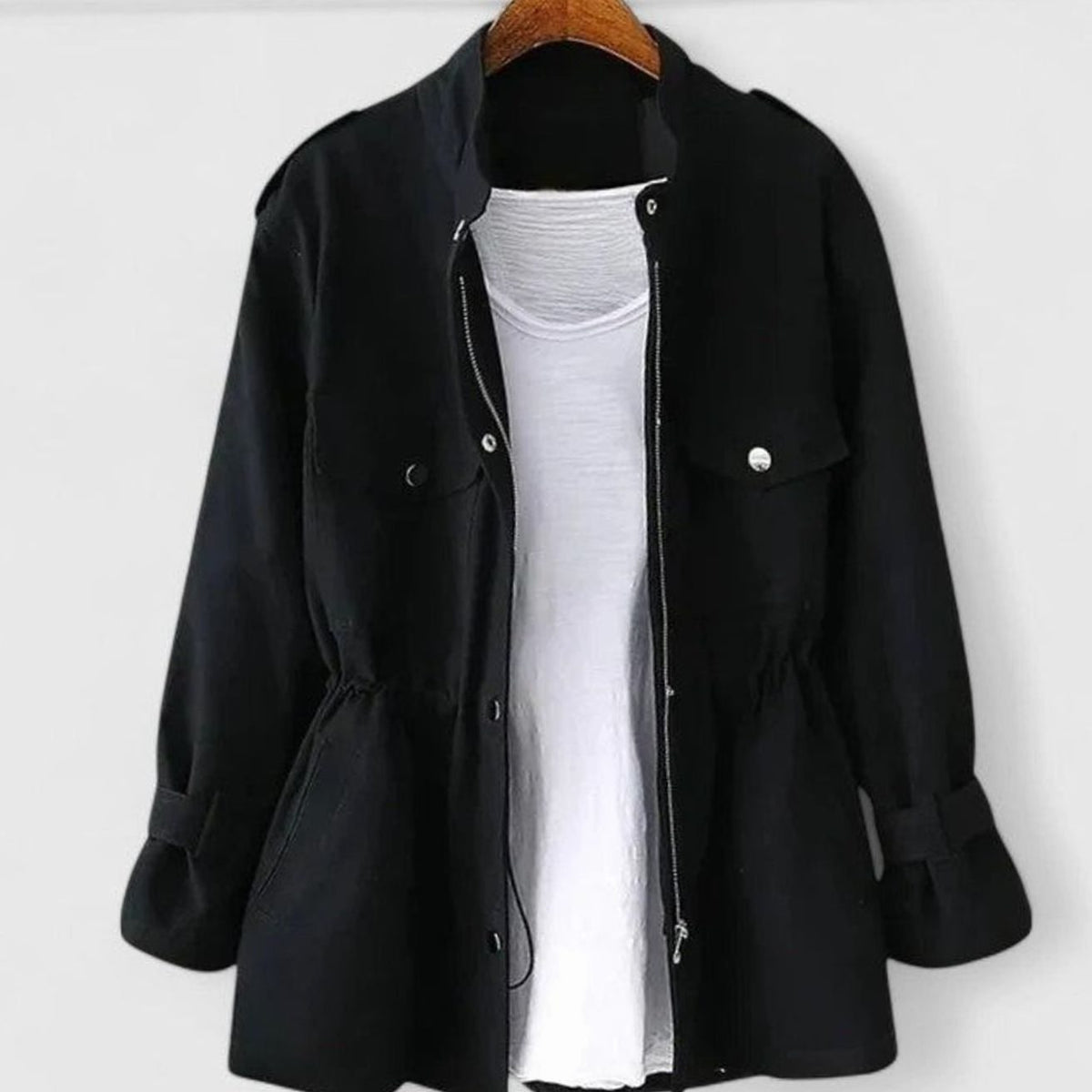 Women's Elegant Zip-Up Utility Jacket Cinched Waist - Black