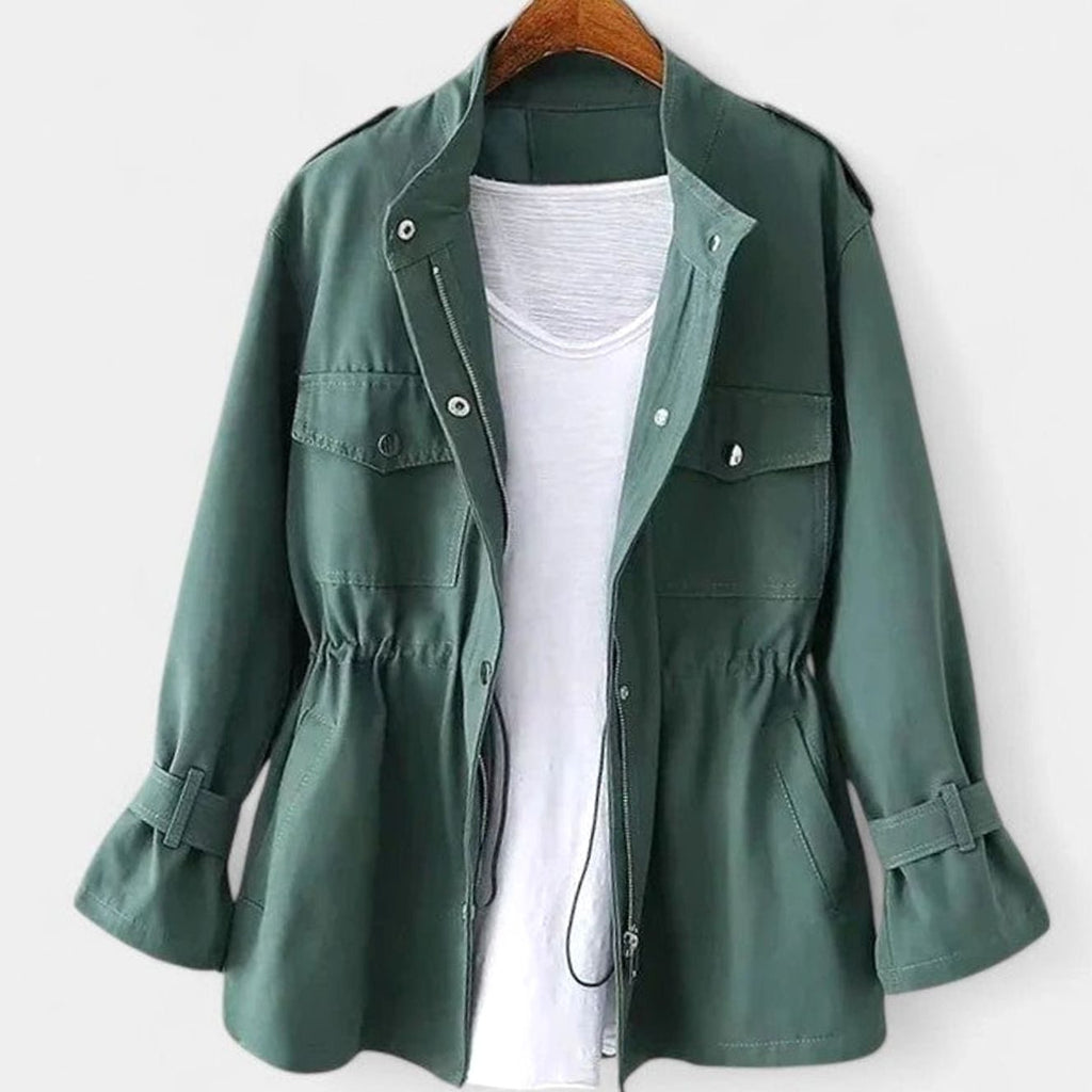 Women's Elegant Zip-Up Utility Jacket Cinched Waist - Green