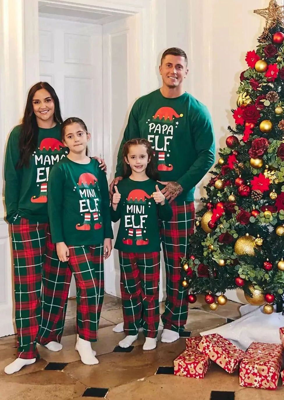 Women's Elf Print Matching Family Christmas Pajamas Set