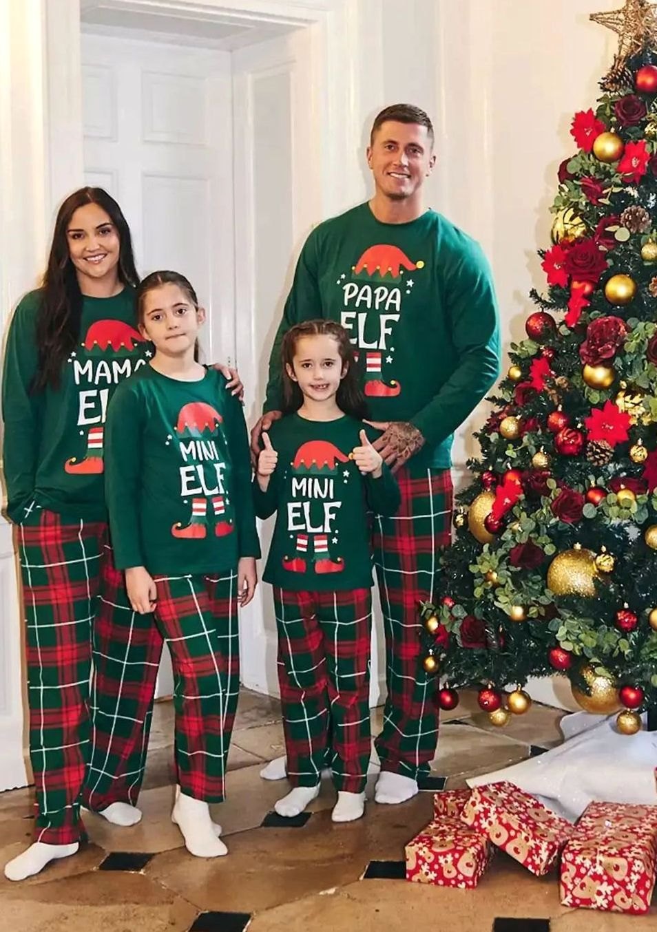 Women's Elf Print Matching Family Christmas Pajamas Set