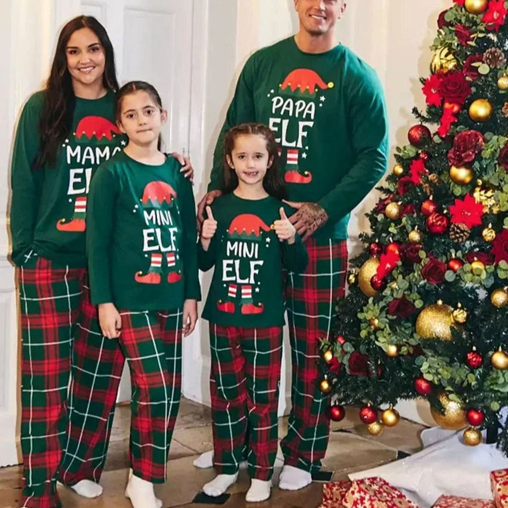 Women's Elf Print Matching Family Christmas Pajamas Set