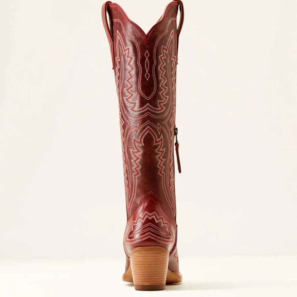 Women's Embroidered Pointed-Toe Knee-High Western Cowboy Boots - Burgundy