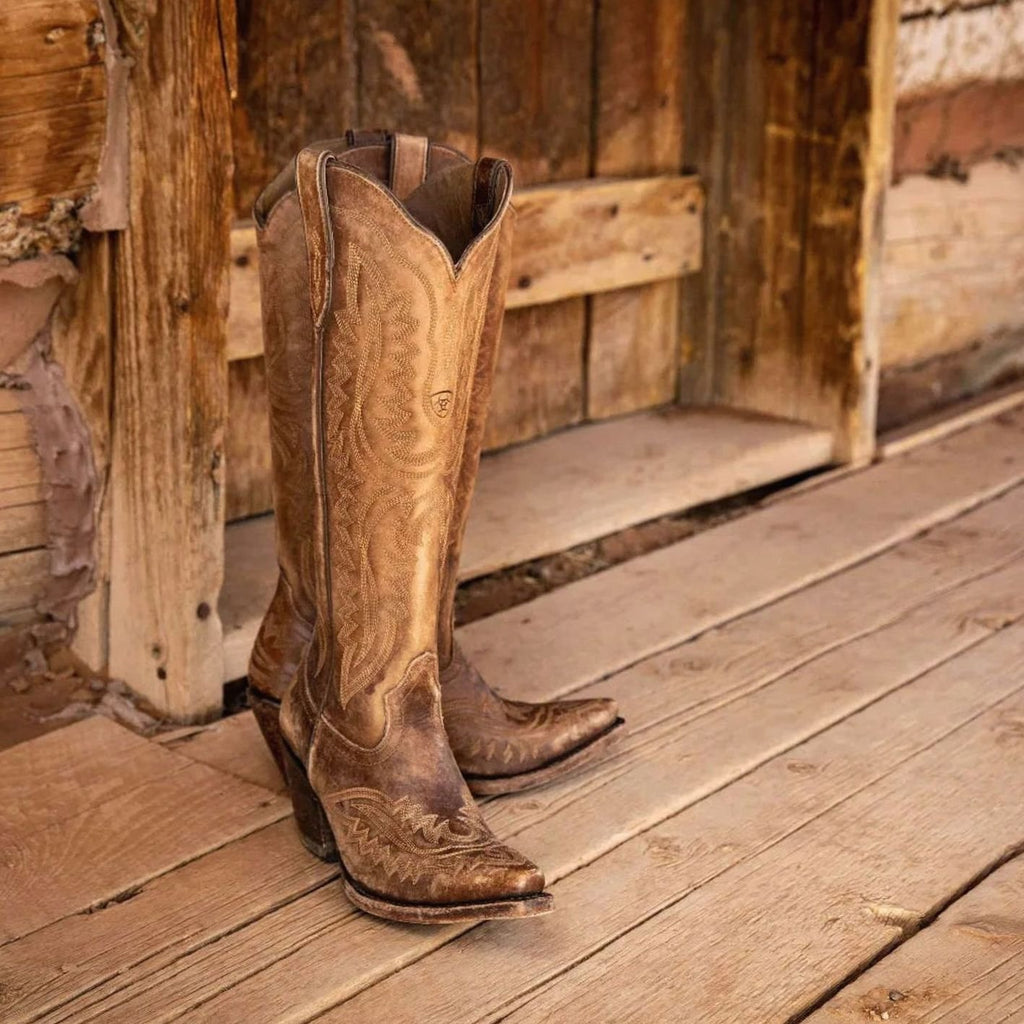 Women's Embroidered Pointed-Toe Knee-High Western Cowboy Boots - Dark Brown