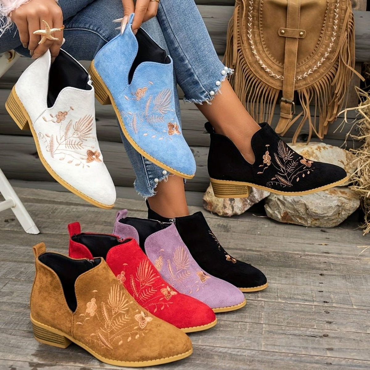 Women's Embroidered Suede Low-Heel Pointed-Toe Ankle Boots