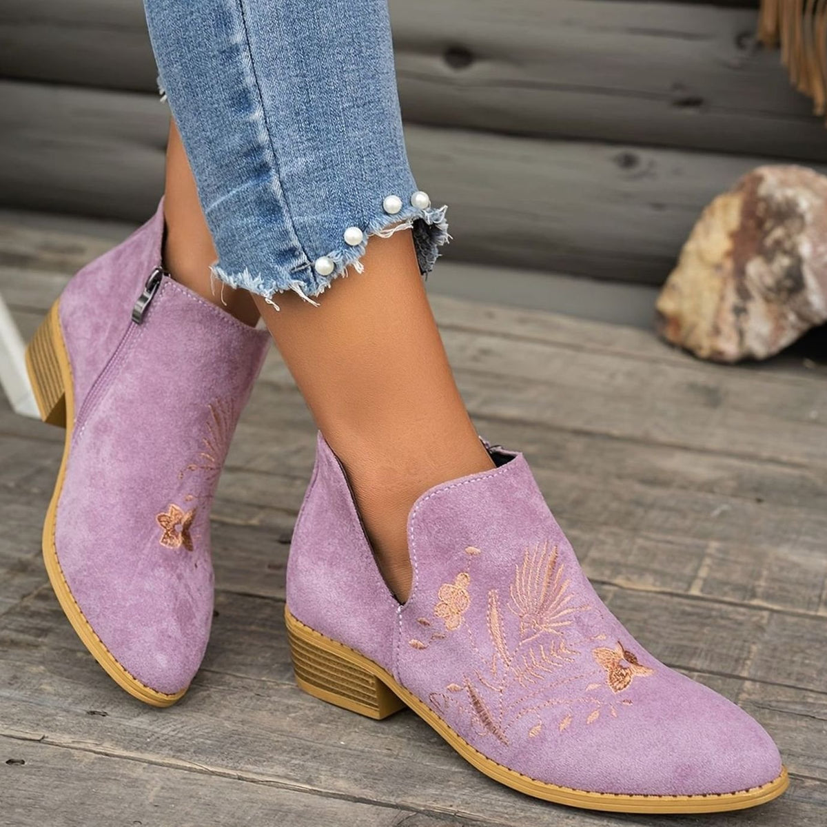 Women's Embroidered Suede Low-Heel Pointed-Toe Ankle Boots