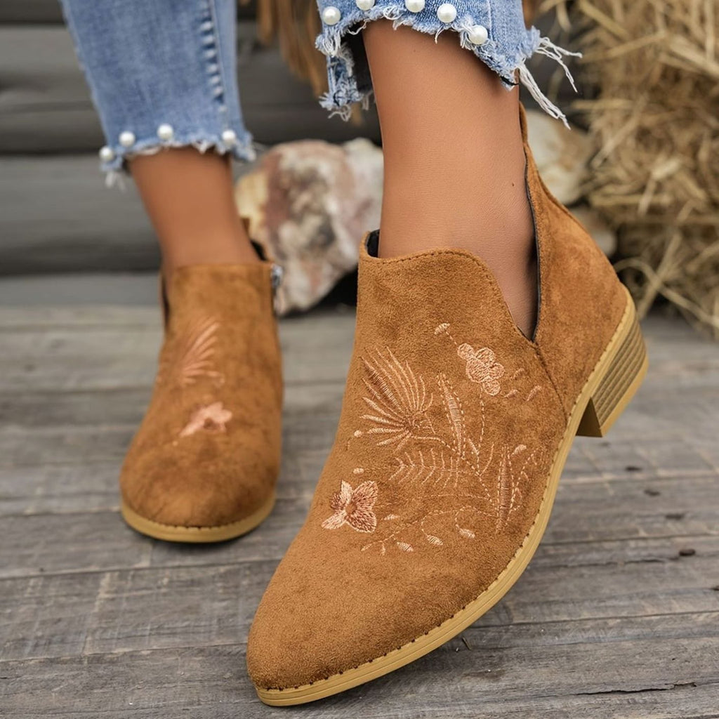 Women's Embroidered Suede Low-Heel Pointed-Toe Ankle Boots - Brown