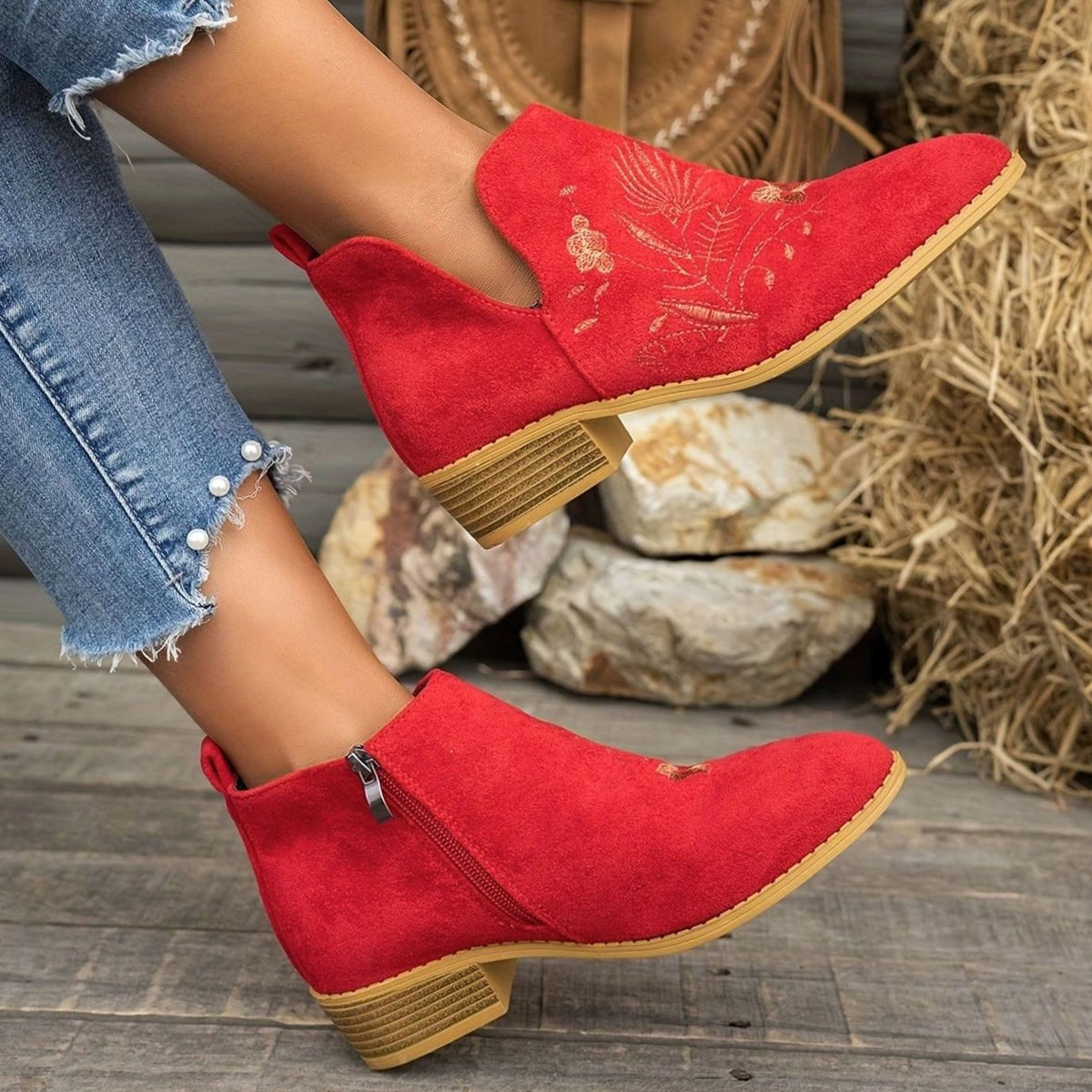 Women's Embroidered Suede Low-Heel Pointed-Toe Ankle Boots