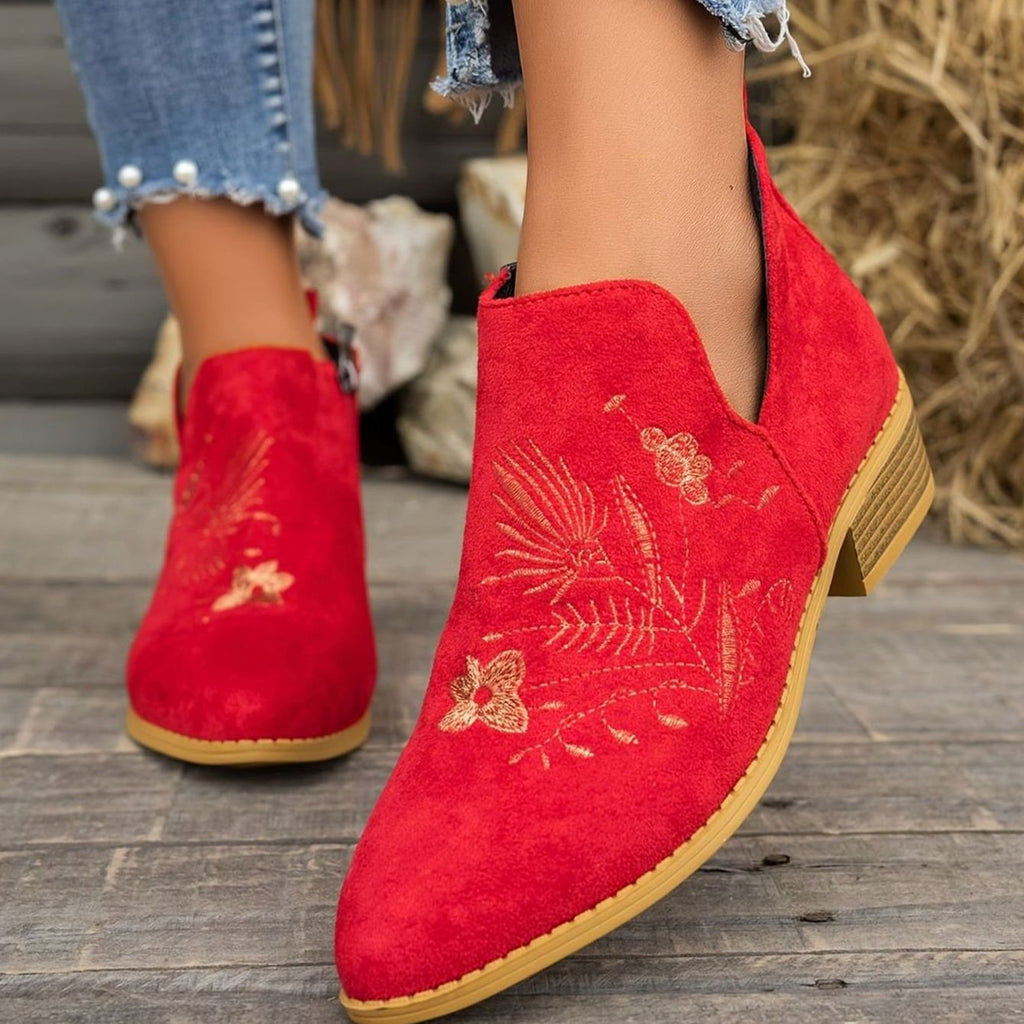 Women's Embroidered Suede Low-Heel Pointed-Toe Ankle Boots - Red