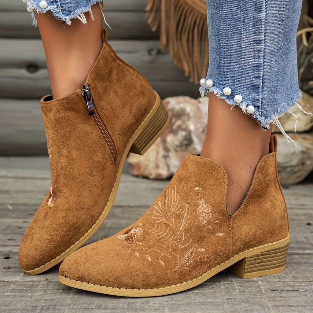 Women's Embroidered Suede Low-Heel Pointed-Toe Ankle Boots