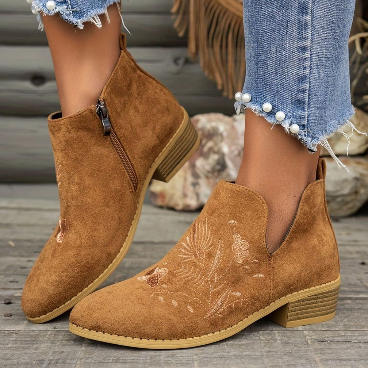 Women's Embroidered Suede Low-Heel Pointed-Toe Ankle Boots