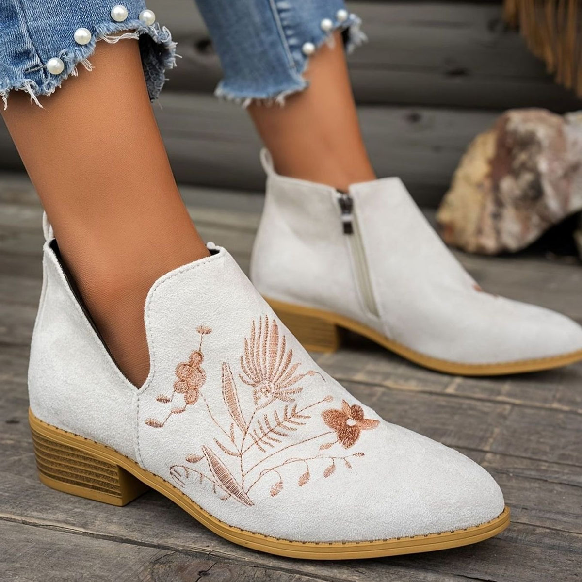 Women's Embroidered Suede Low-Heel Pointed-Toe Ankle Boots