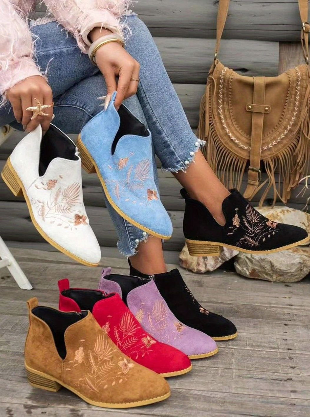 Women's Embroidered Suede Low-Heel Pointed-Toe Ankle Boots
