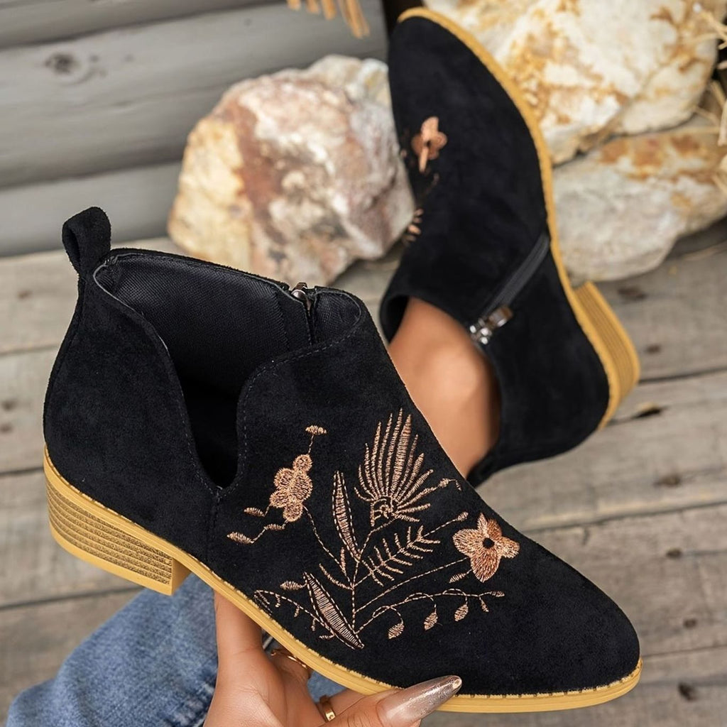 Women's Embroidered Suede Low-Heel Pointed-Toe Ankle Boots