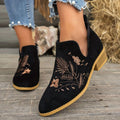 Women's Embroidered Suede Low-Heel Pointed-Toe Ankle Boots - Black