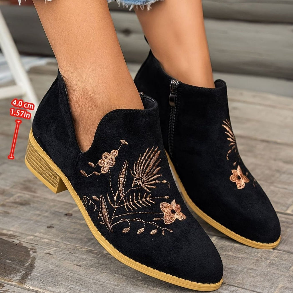 Women's Embroidered Suede Low-Heel Pointed-Toe Ankle Boots