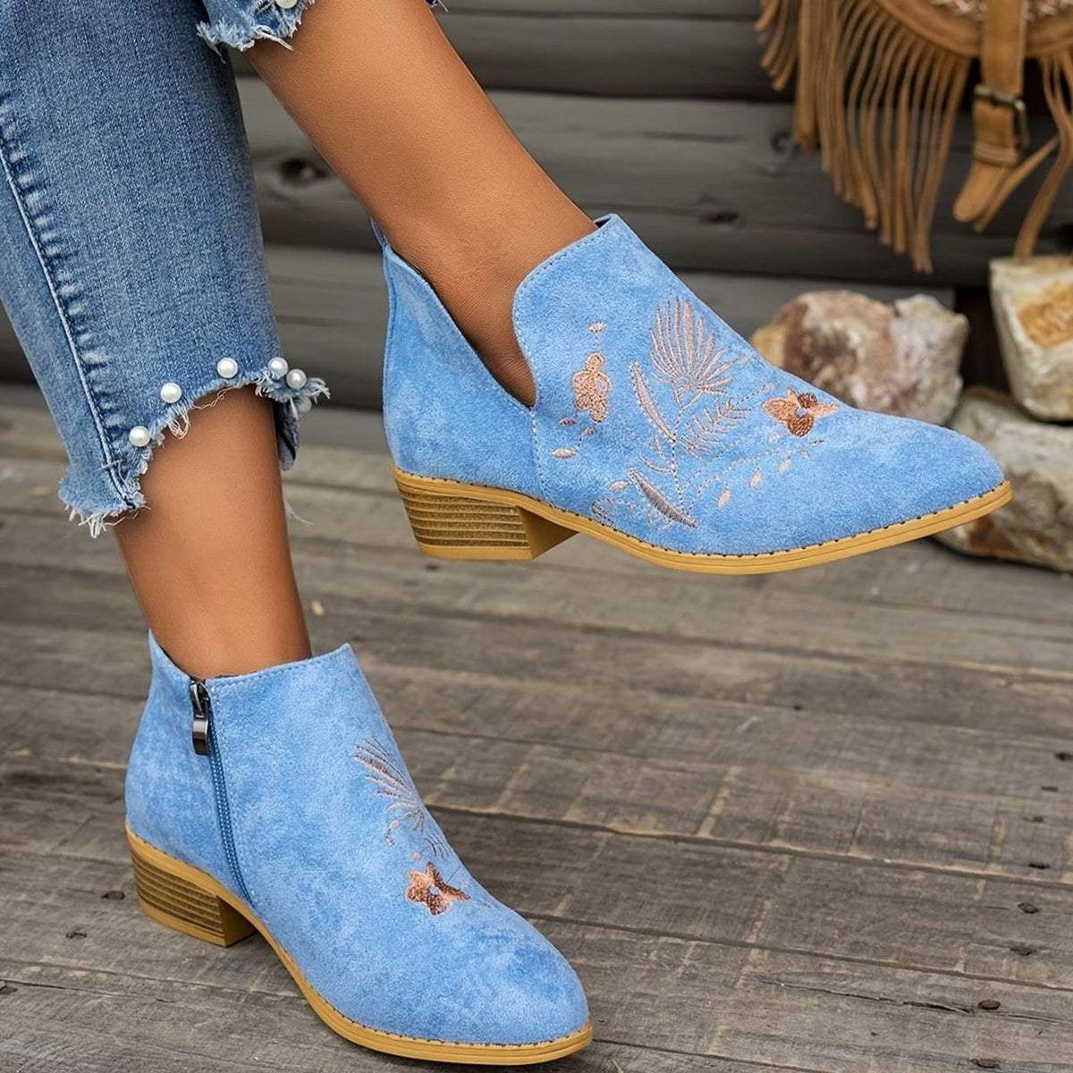 Women's Embroidered Suede Low-Heel Pointed-Toe Ankle Boots