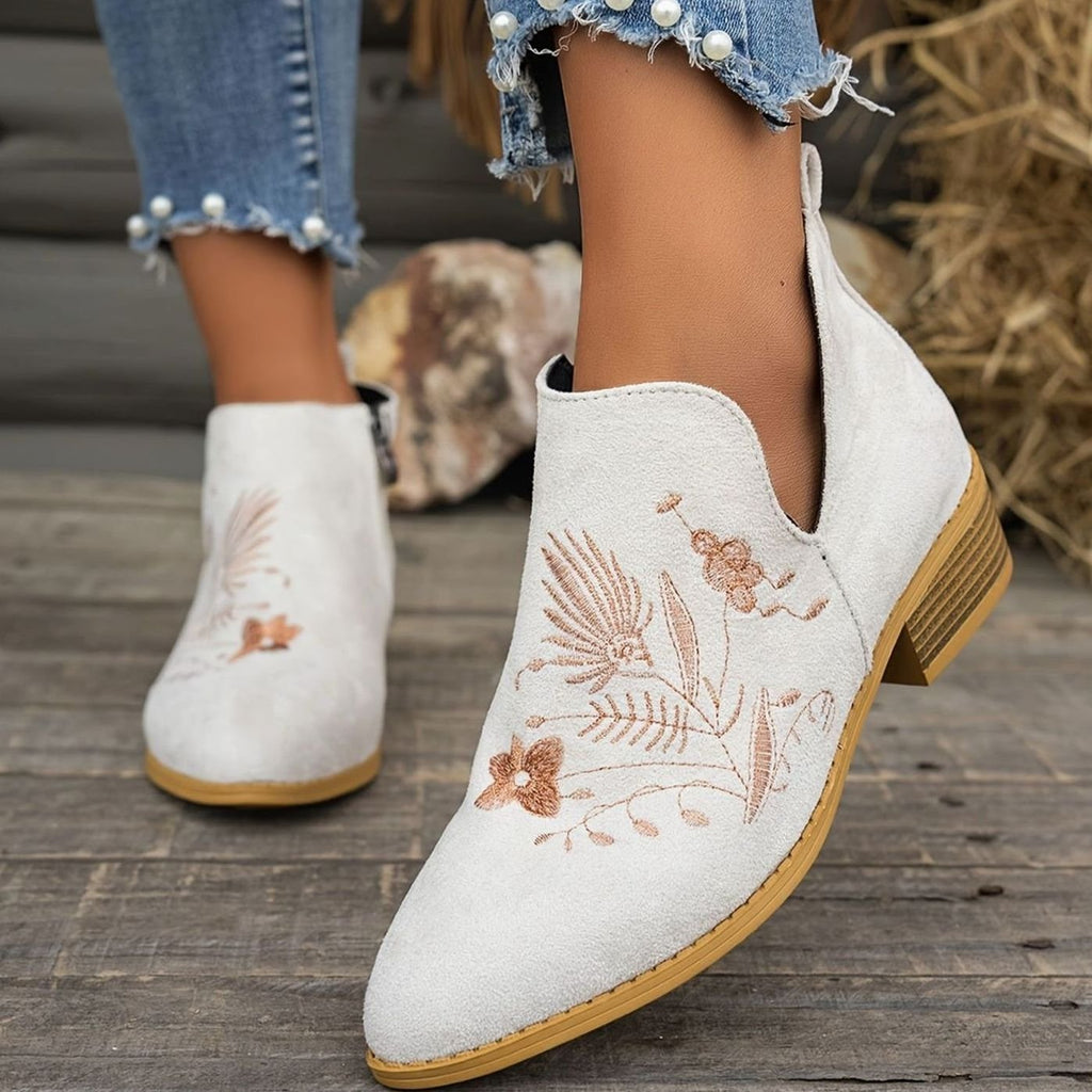 Women's Embroidered Suede Low-Heel Pointed-Toe Ankle Boots - White