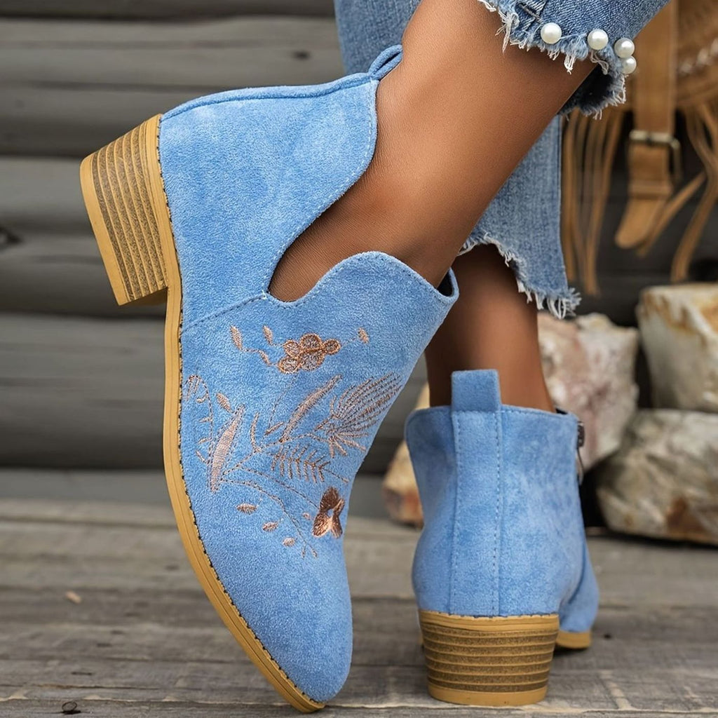 Women's Embroidered Suede Low-Heel Pointed-Toe Ankle Boots
