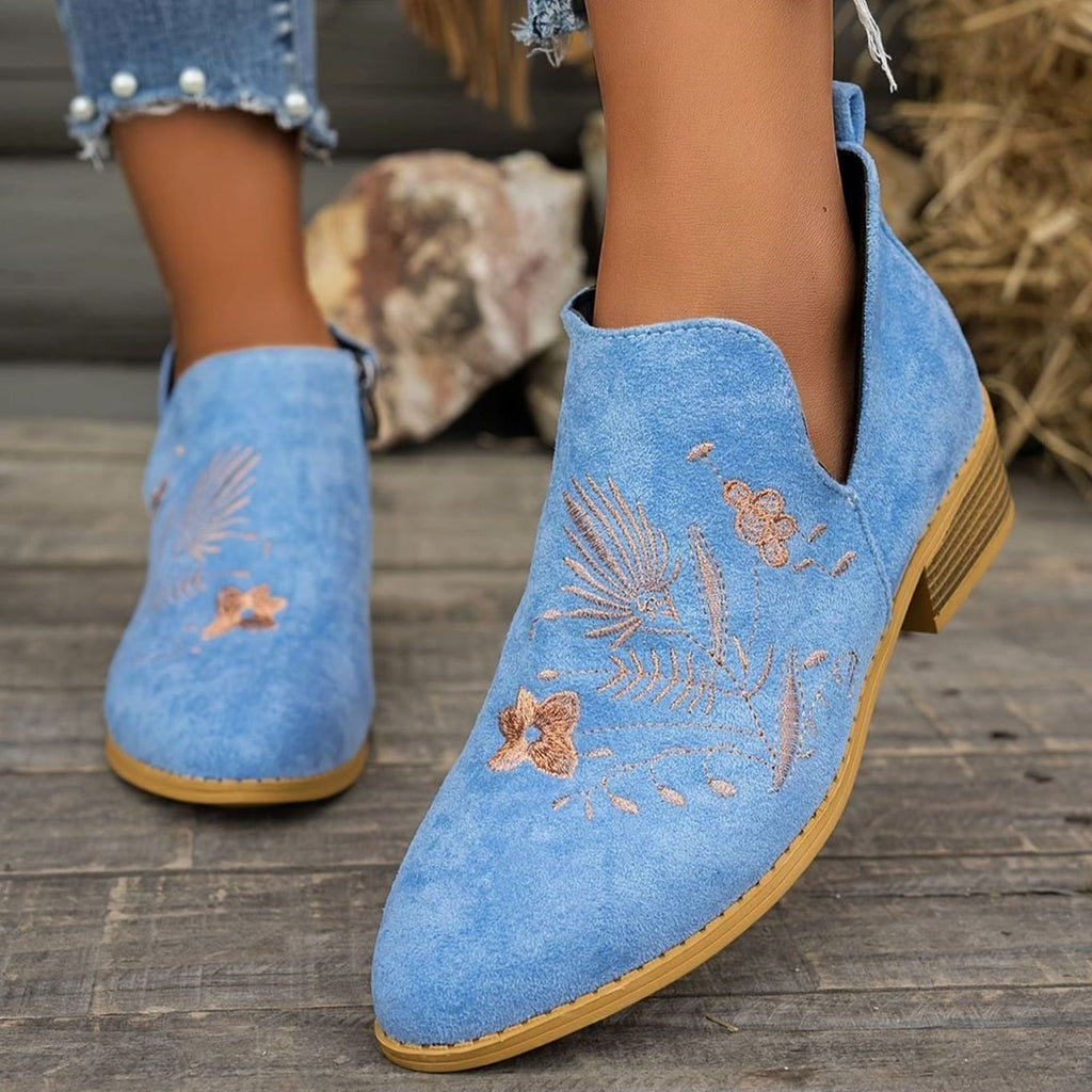 Women's Embroidered Suede Low-Heel Pointed-Toe Ankle Boots - Sky Blue