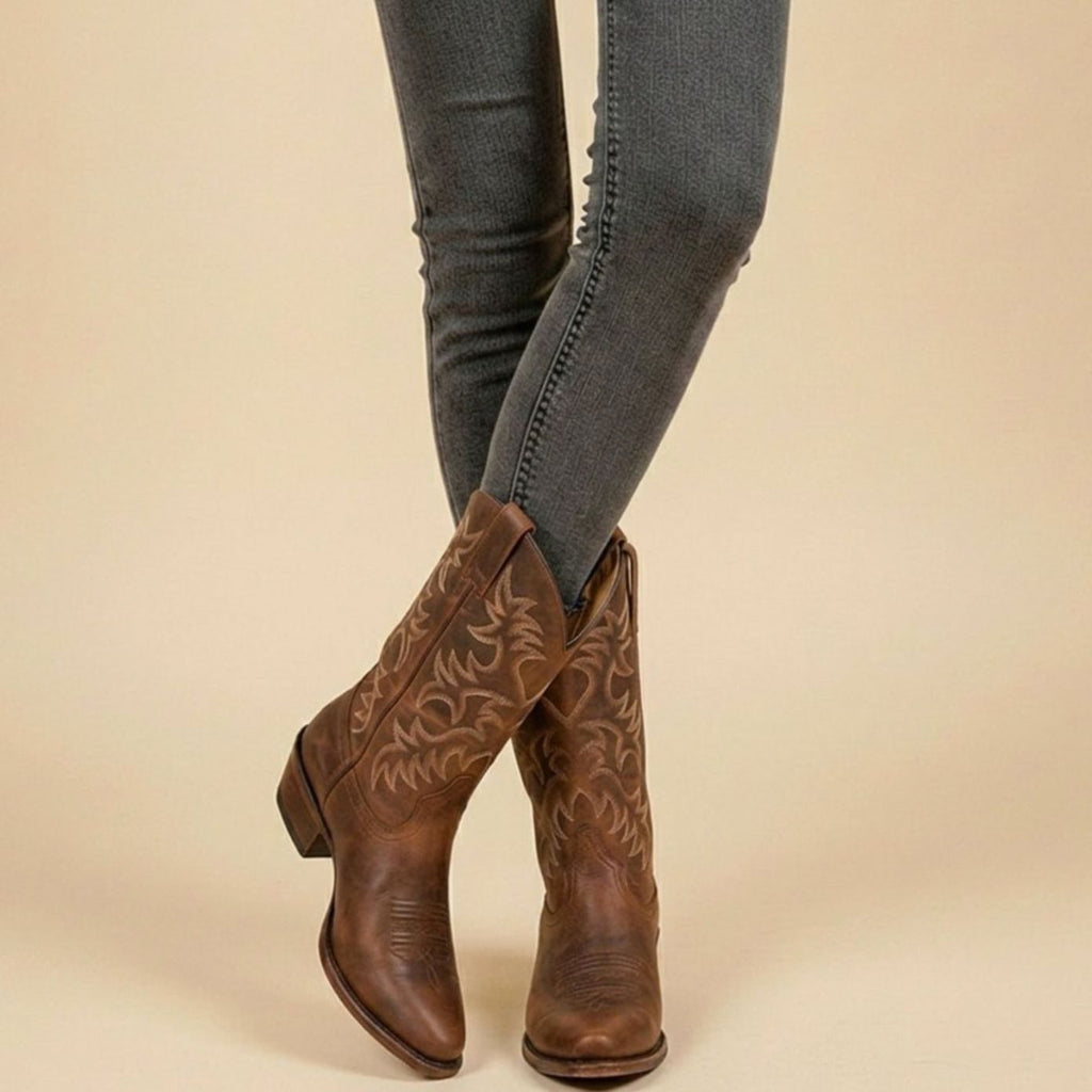 Women's Embroidered Western Mid-Calf Cowboy Boots Block Heel - Brown