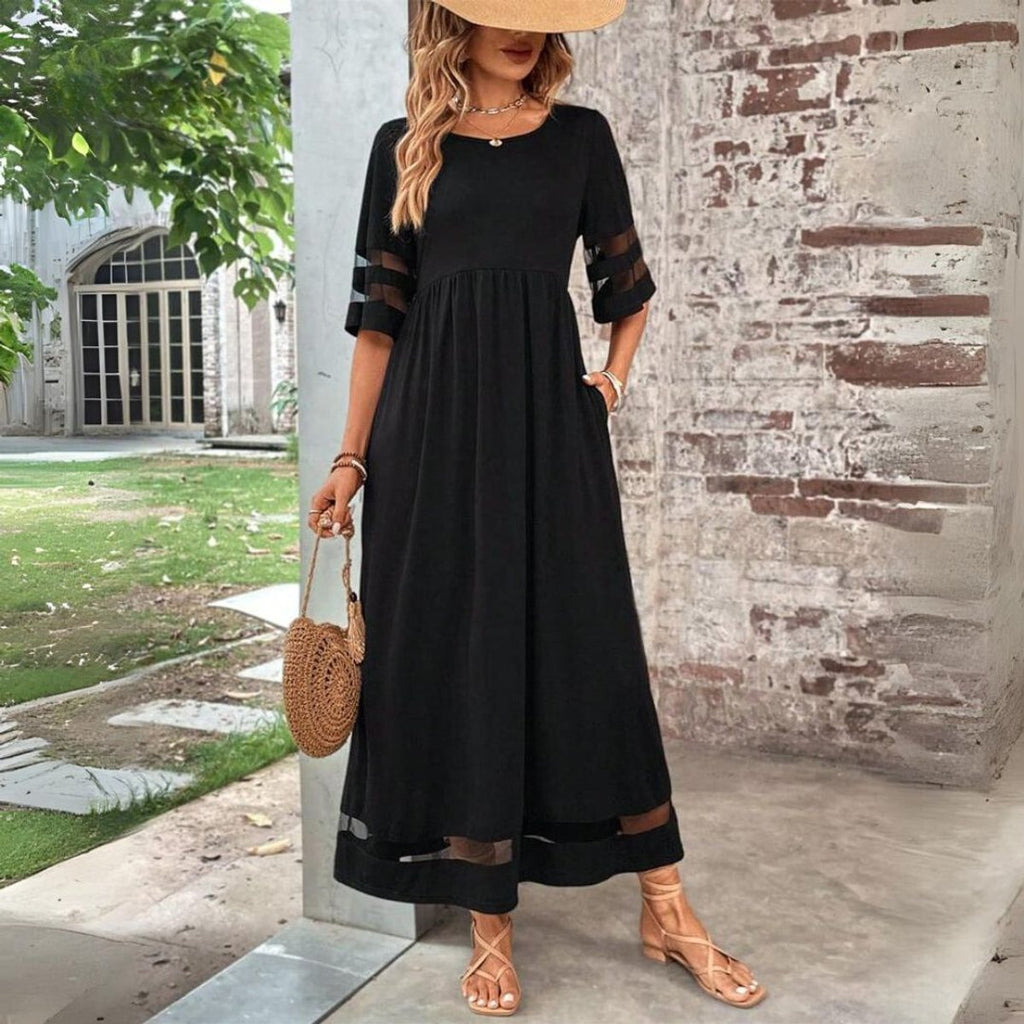 Women's Empire-Waist Mesh-Trim Elegant Dress Midi - Black