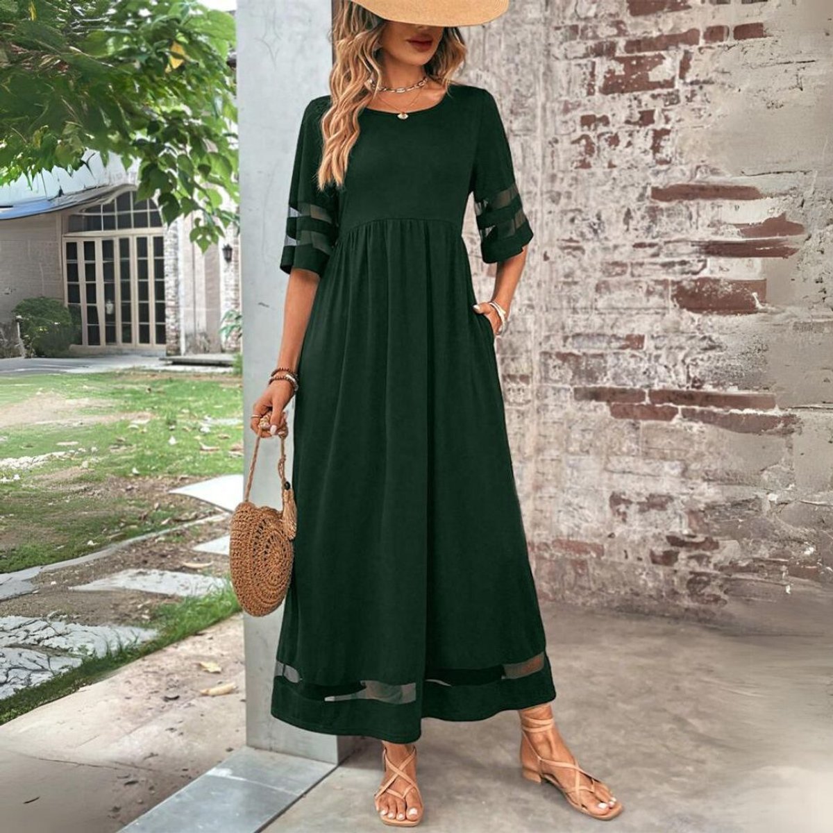 Women's Empire-Waist Mesh-Trim Elegant Dress Midi - Green