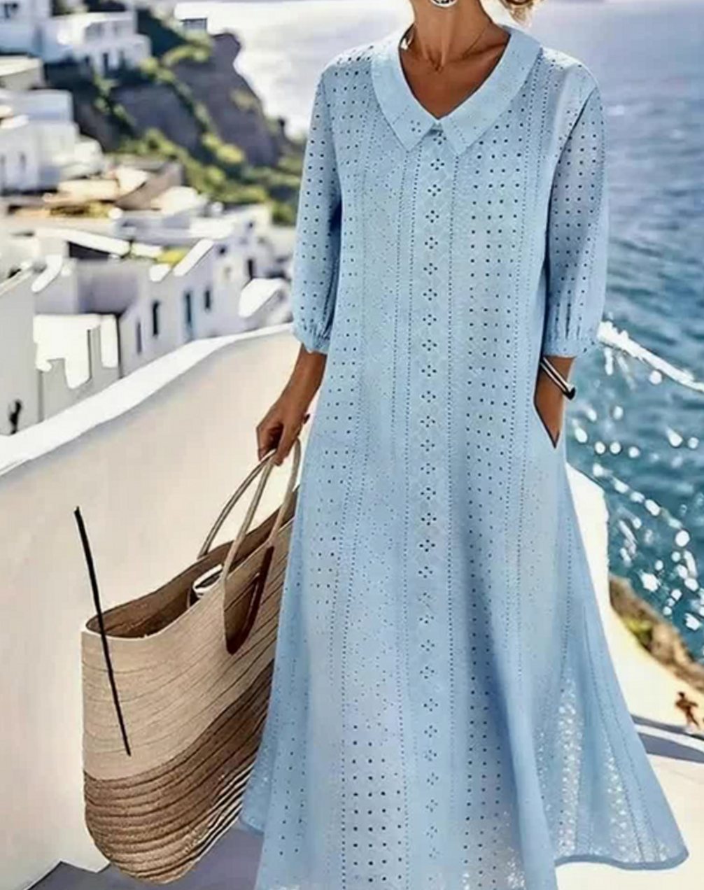 Women's Eyelet Hollow-Detail Collared Midi Dress - Blue