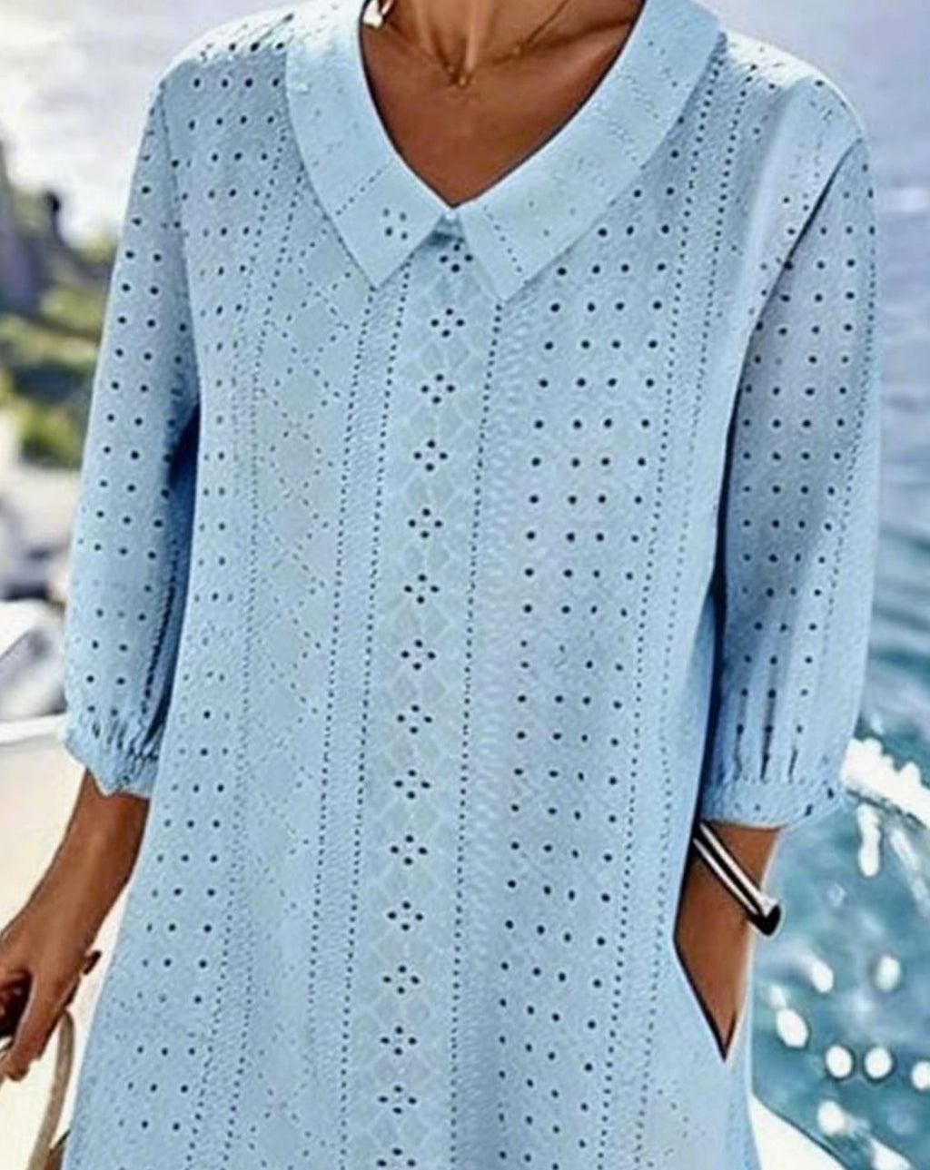 Women's Eyelet Hollow-Detail Collared Midi Dress