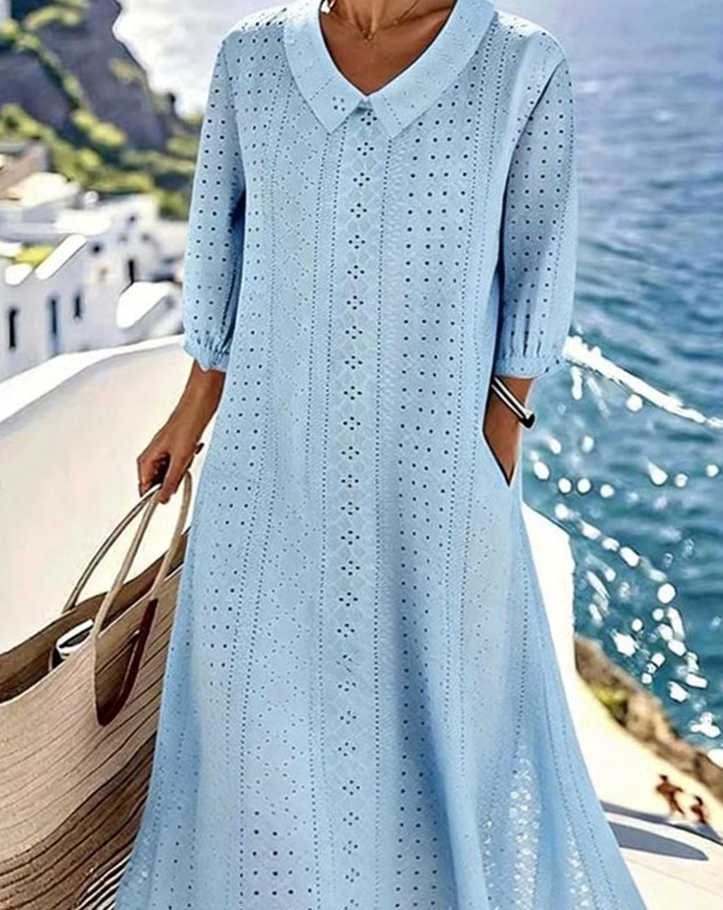 Women's Eyelet Hollow-Detail Collared Midi Dress