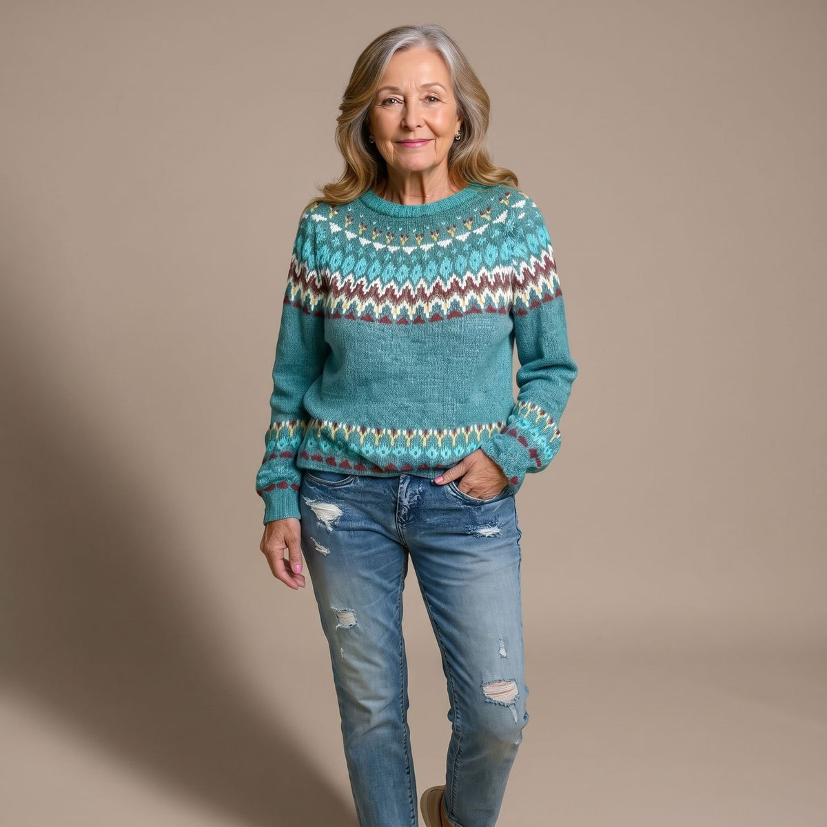 Women's Fair Isle Crew-Neck Long-Sleeve Knit Sweater
